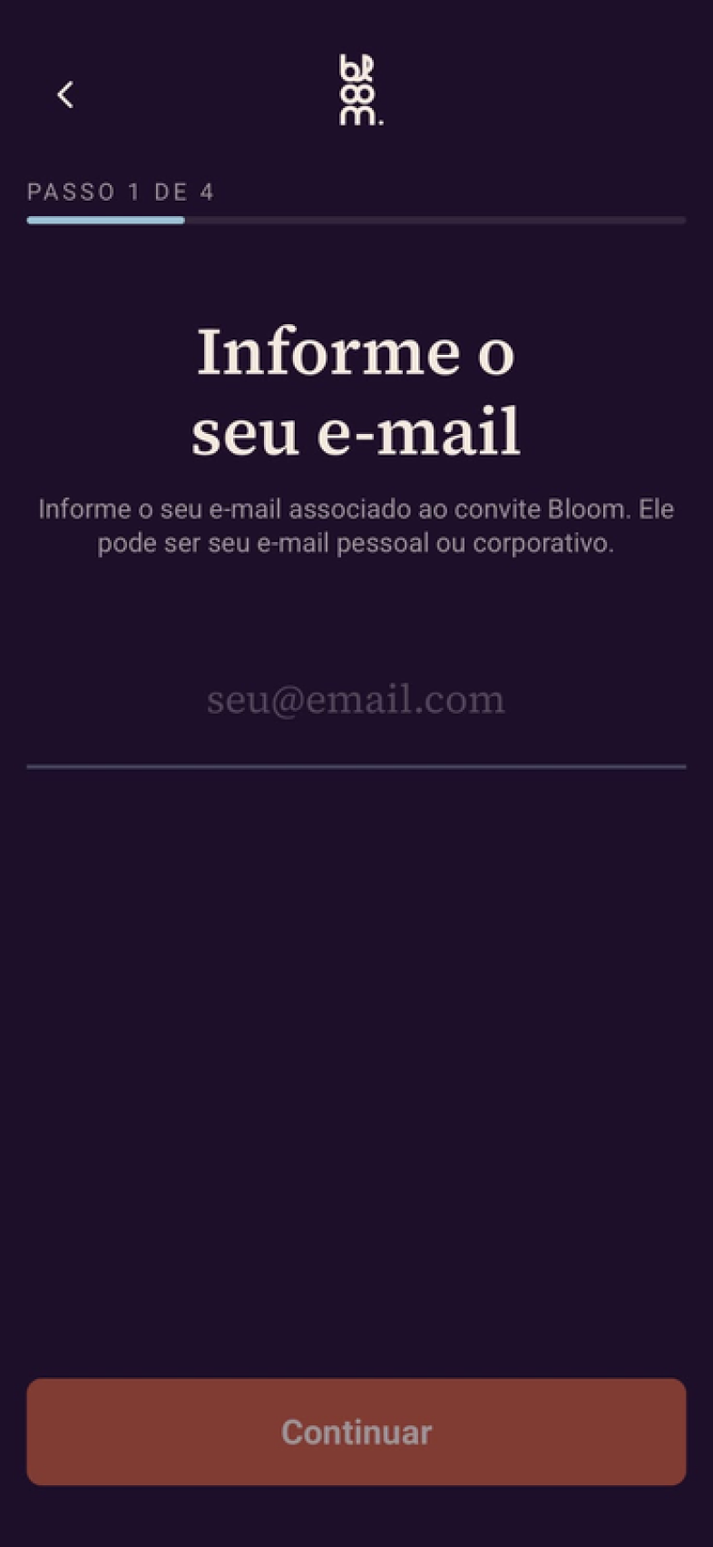 Telas de acesso do app Bloom