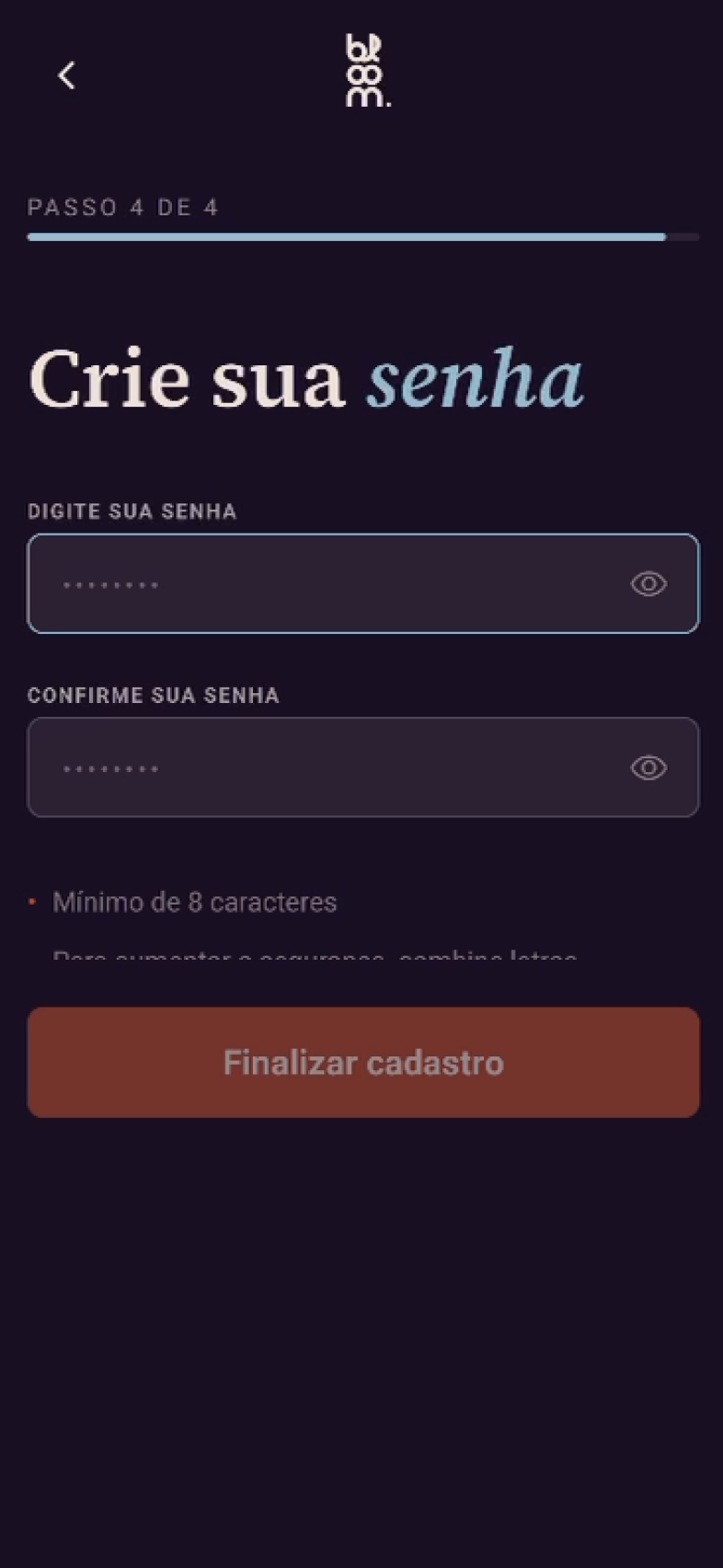 Telas de acesso do app Bloom