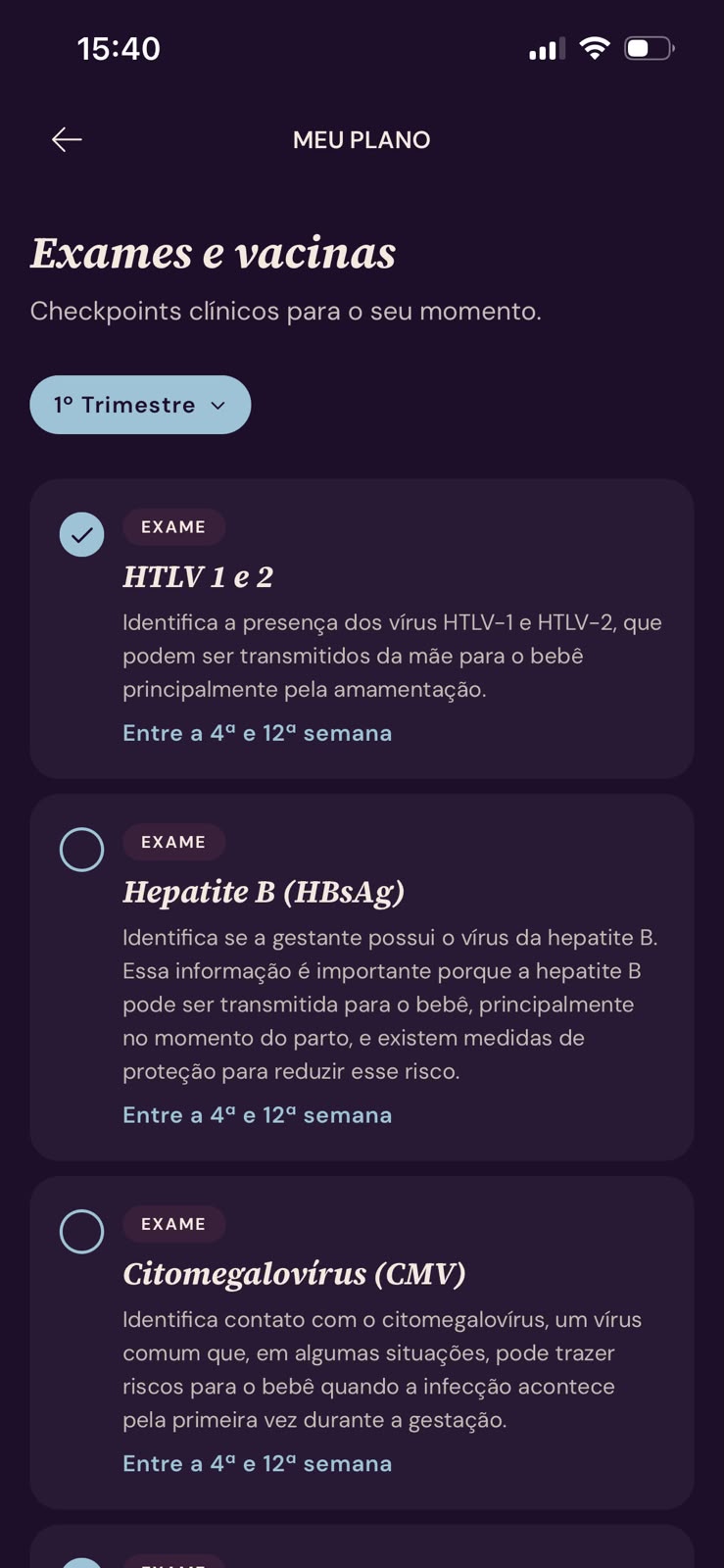 Telas do Meu Plano no app Bloom
