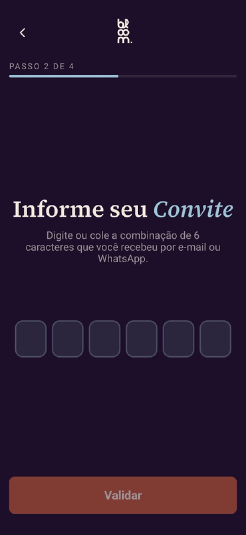 Telas de acesso do app Bloom