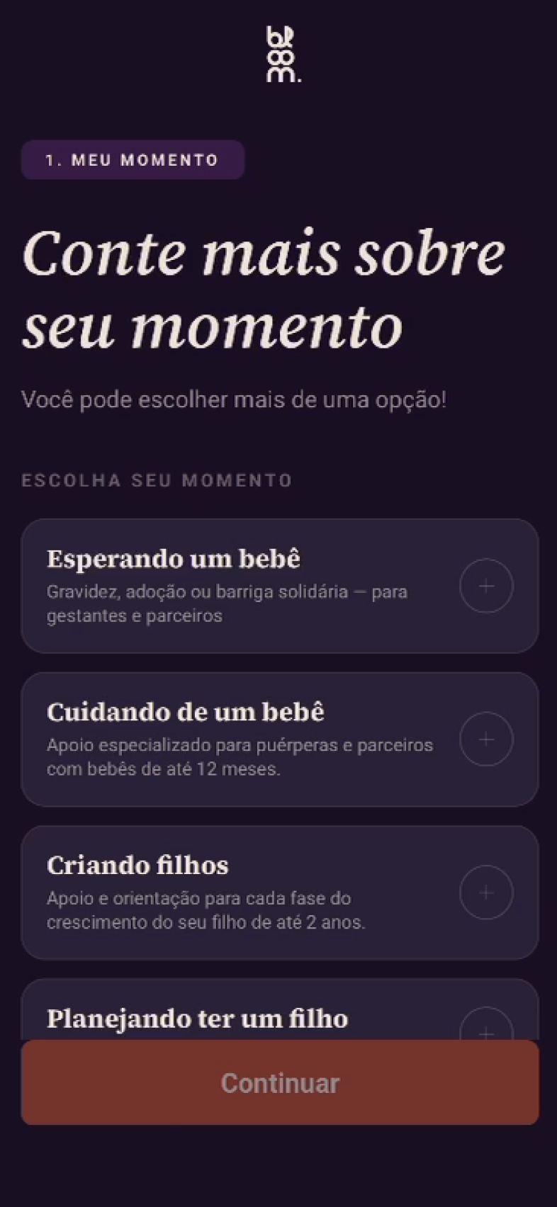 Telas de onboarding do app Bloom