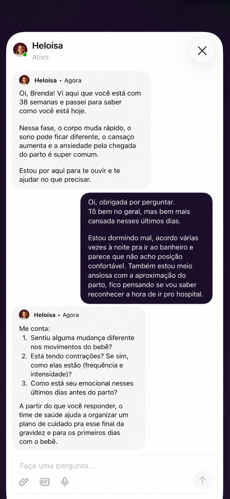 Telas do chat com o Time de Saúde Bloom