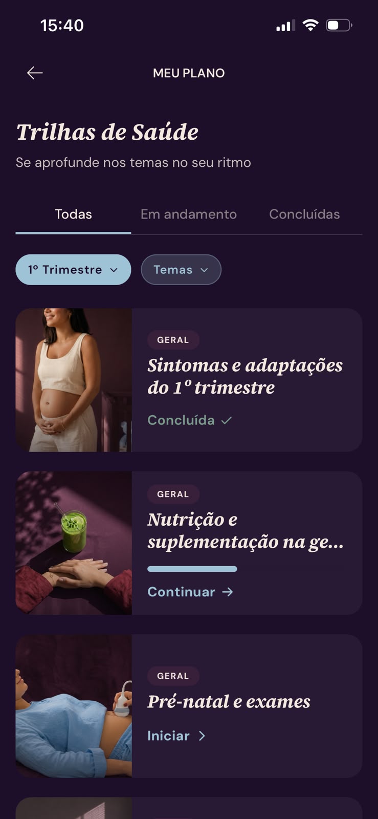 Telas do Meu Plano no app Bloom