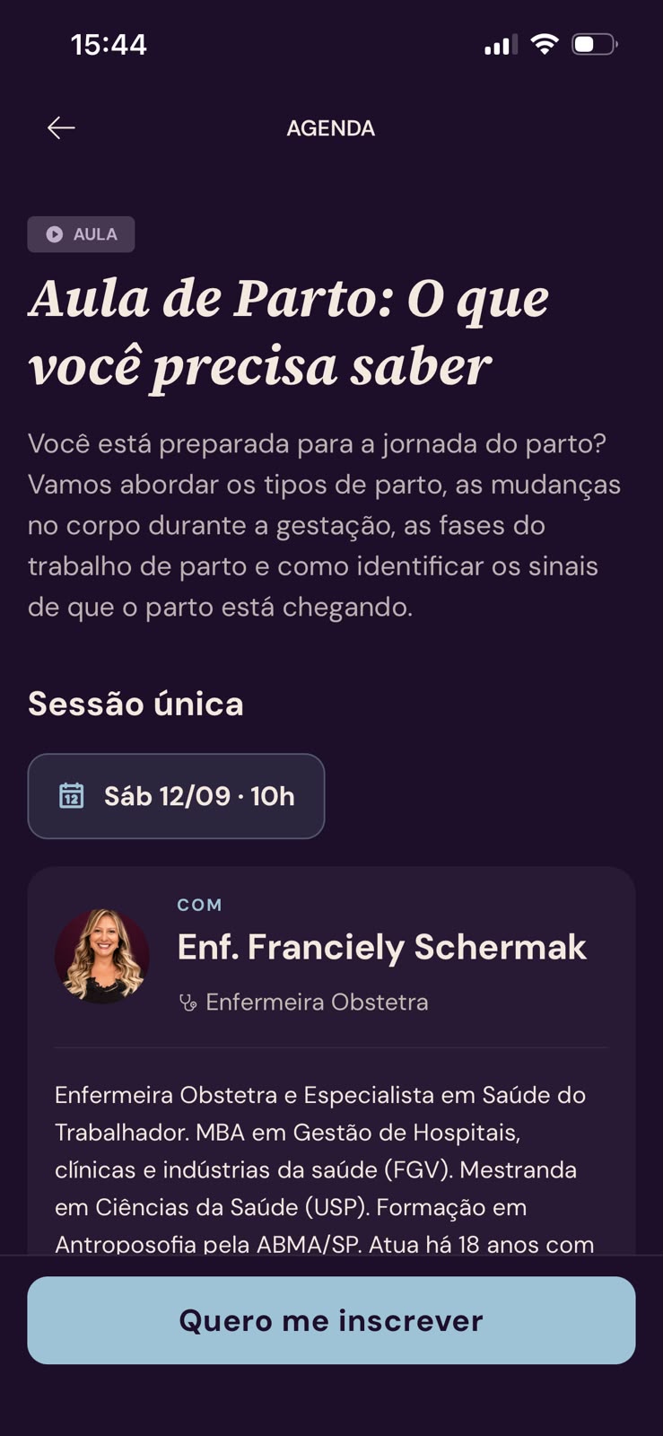 Telas de agenda, aulas e grupos de apoio do app Bloom