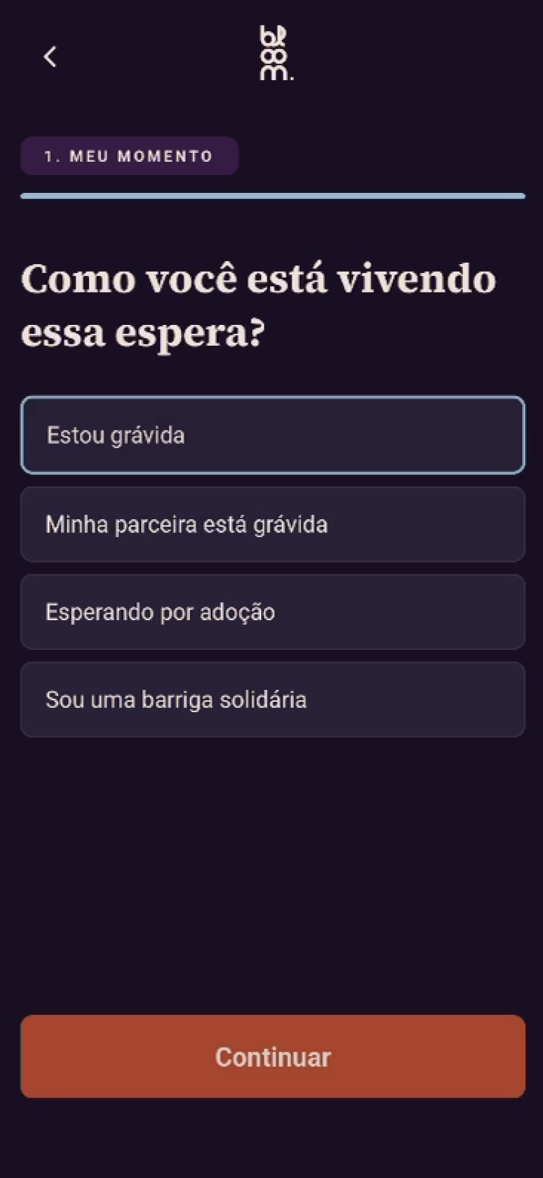 Telas de onboarding do app Bloom