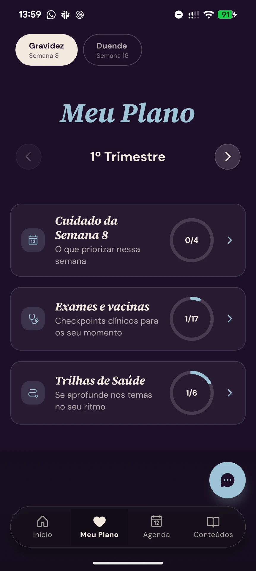 Telas do Meu Plano no app Bloom