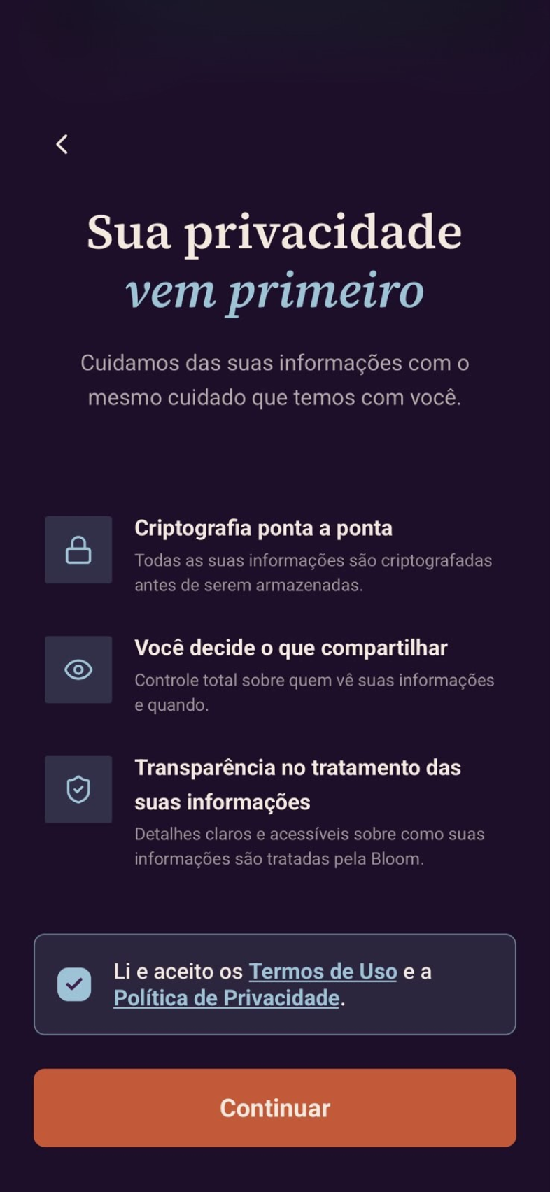 Telas de acesso do app Bloom