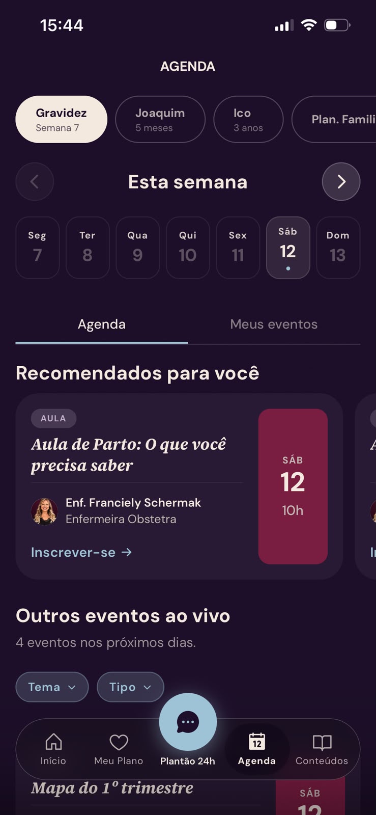 Telas de agenda, aulas e grupos de apoio do app Bloom