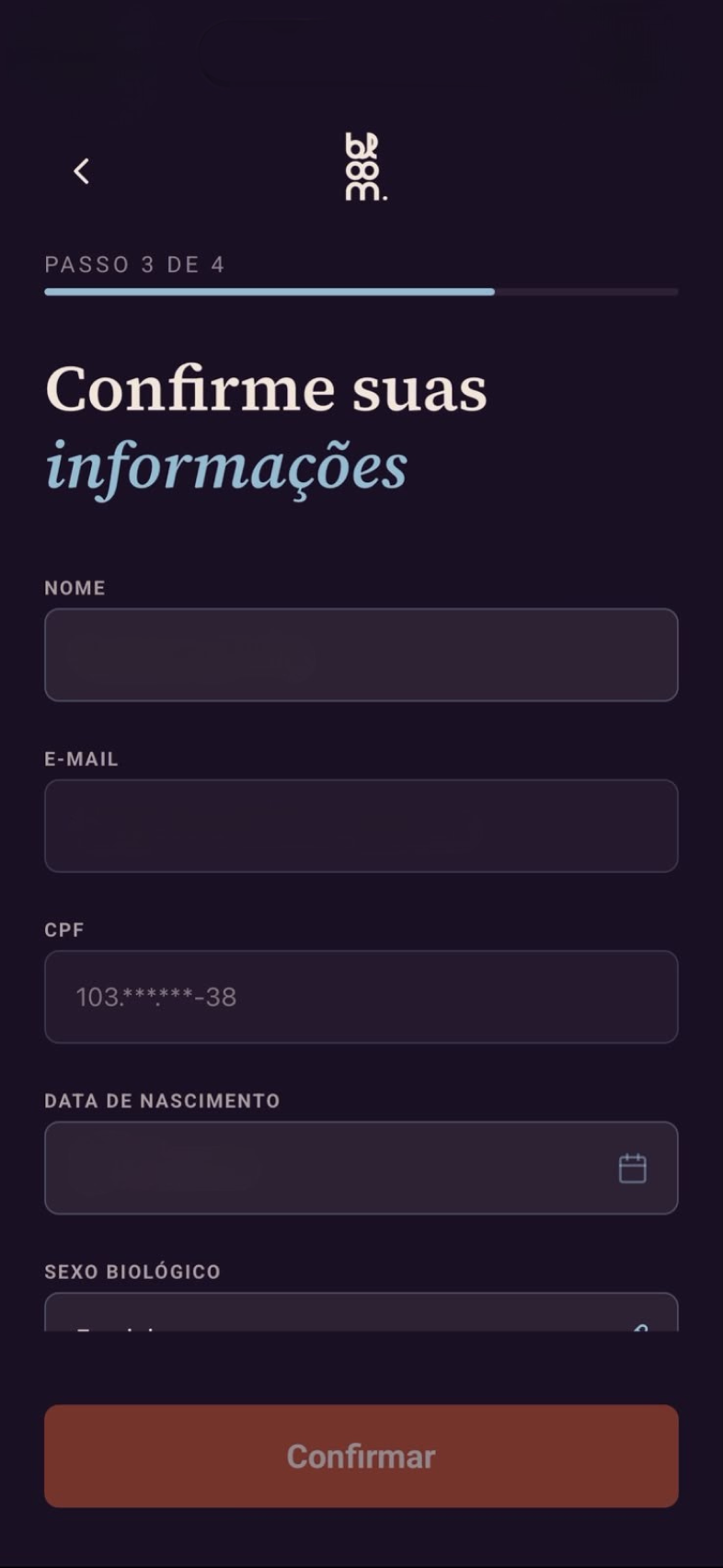 Telas de acesso do app Bloom