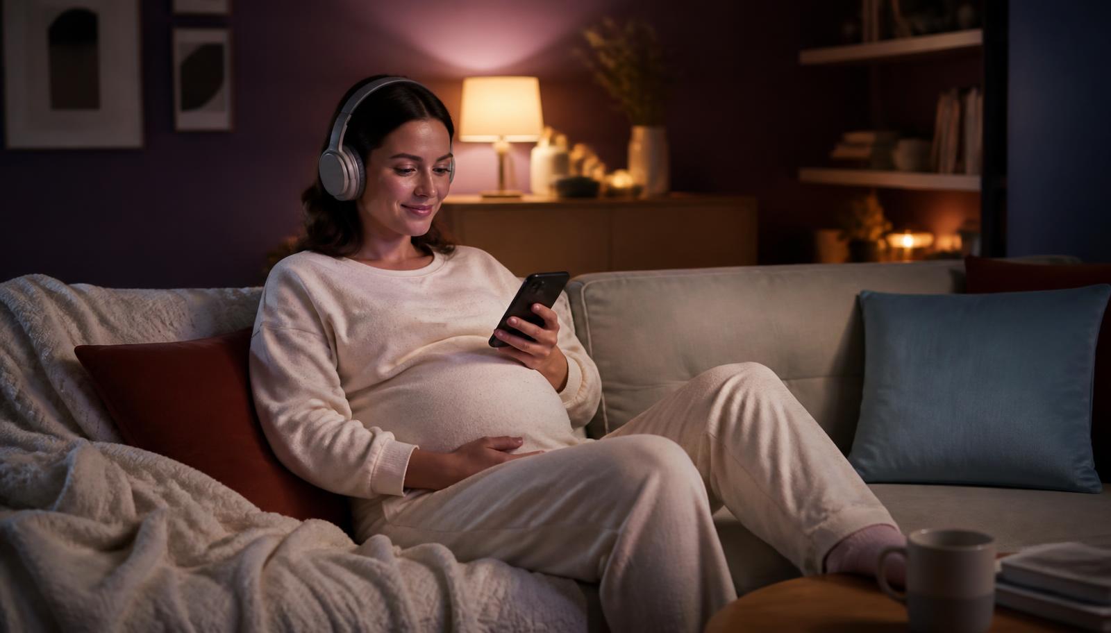 Gestante ouvindo um conteúdo do app Bloom à noite